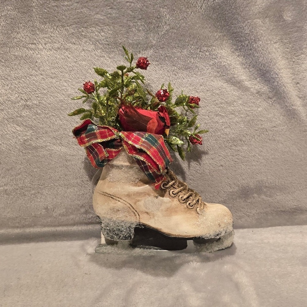 Christmas Ice Skate Figurine Red Cardinal Plaid Bow Glitter Greenery Decor